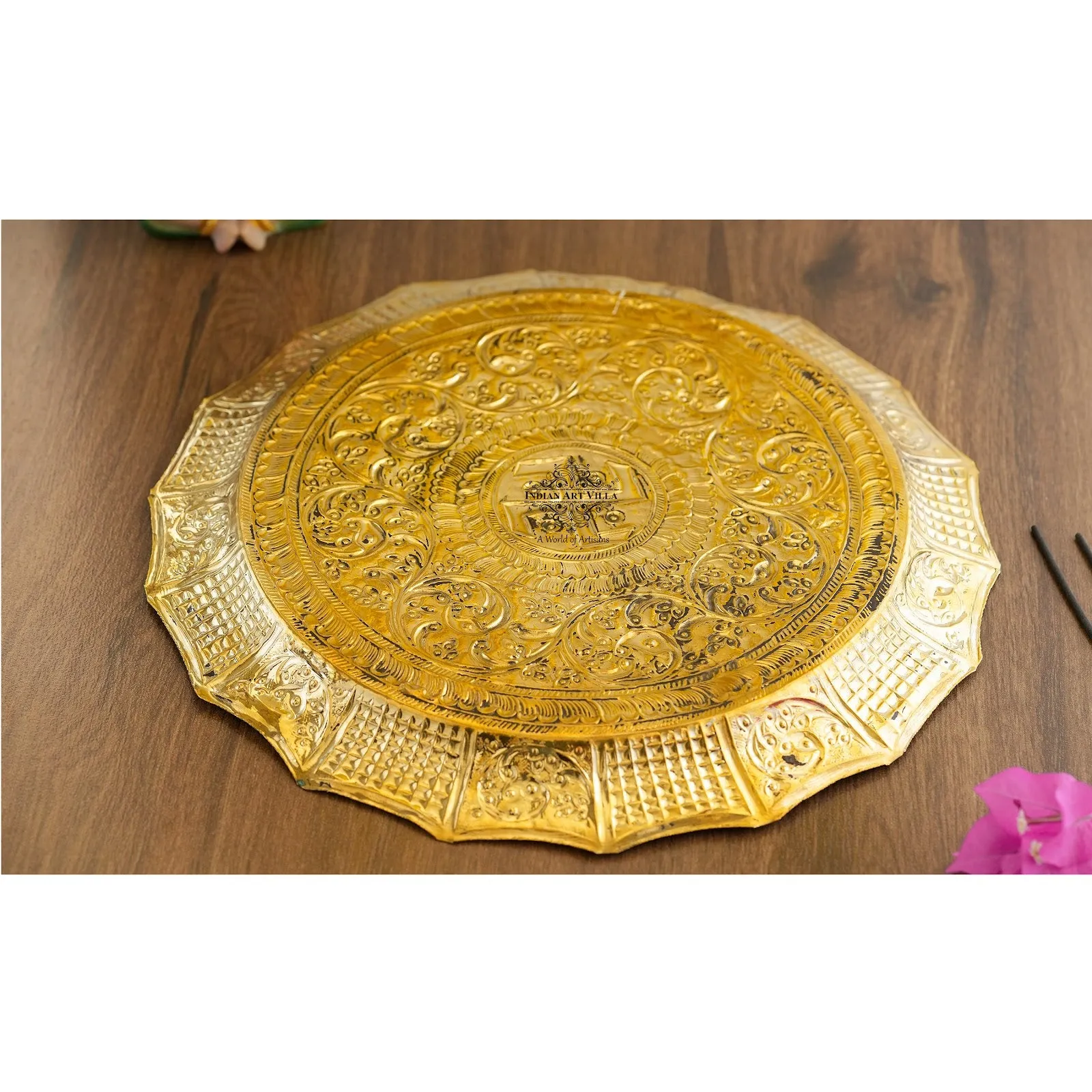 IndianArtVilla Pure Brass Pooja Thali, Swastik Design, For Spritiual & Pooja, 33.02 cm