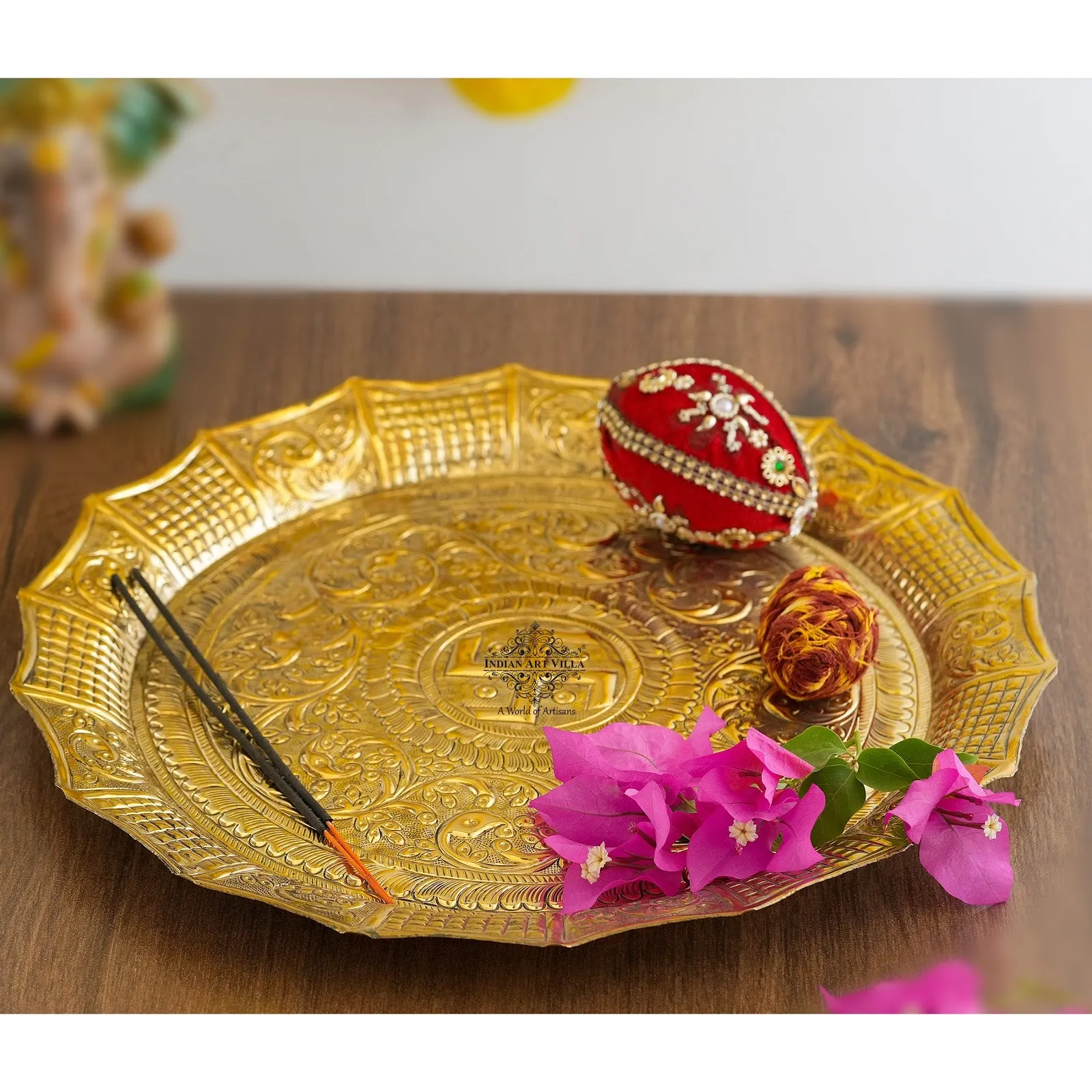 IndianArtVilla Pure Brass Pooja Thali, Swastik Design, For Spritiual & Pooja, 33.02 cm