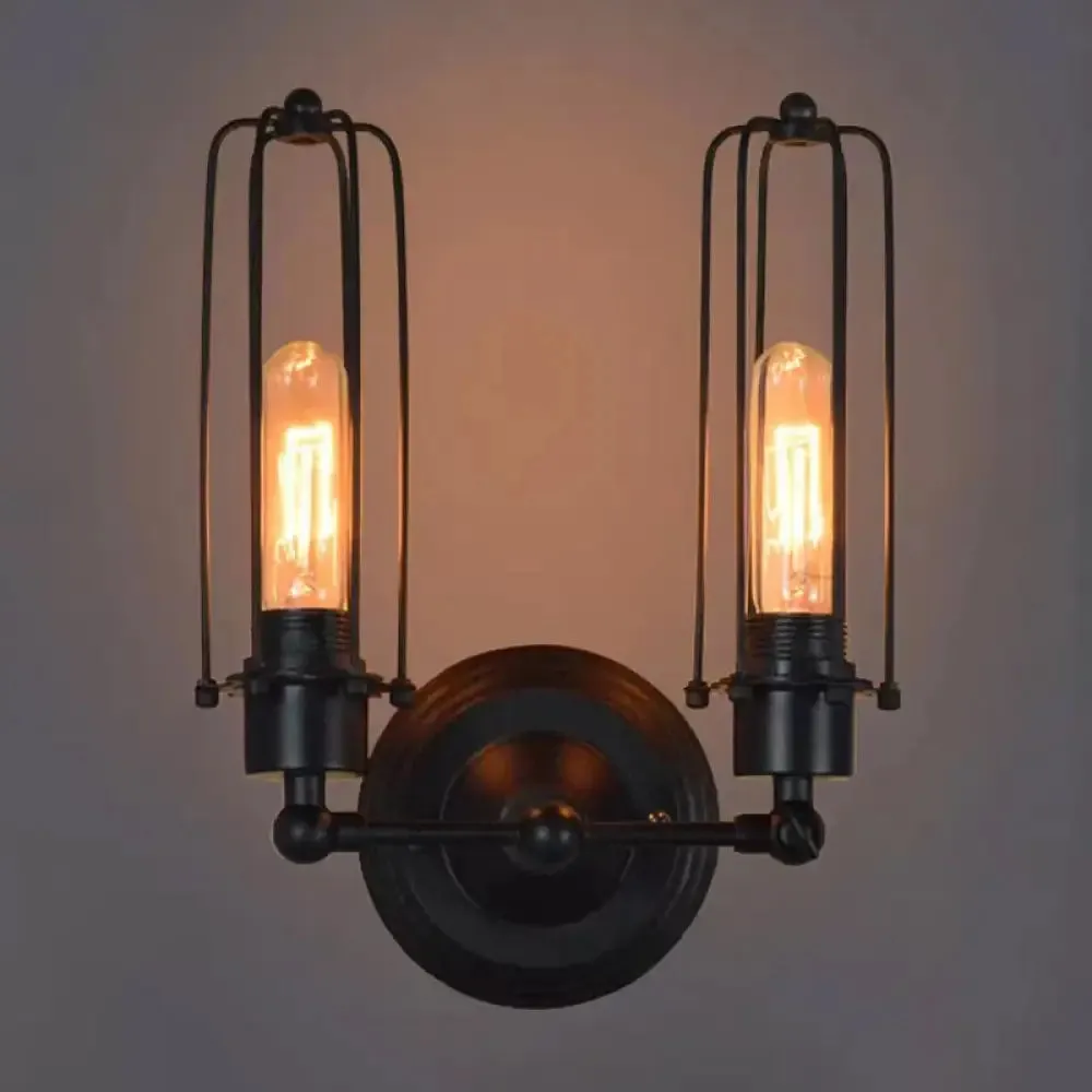 Industrial Bedroom Wall Lamp with 1/2-Head Rotatable Design, Tube Metal Cage, Black Finish