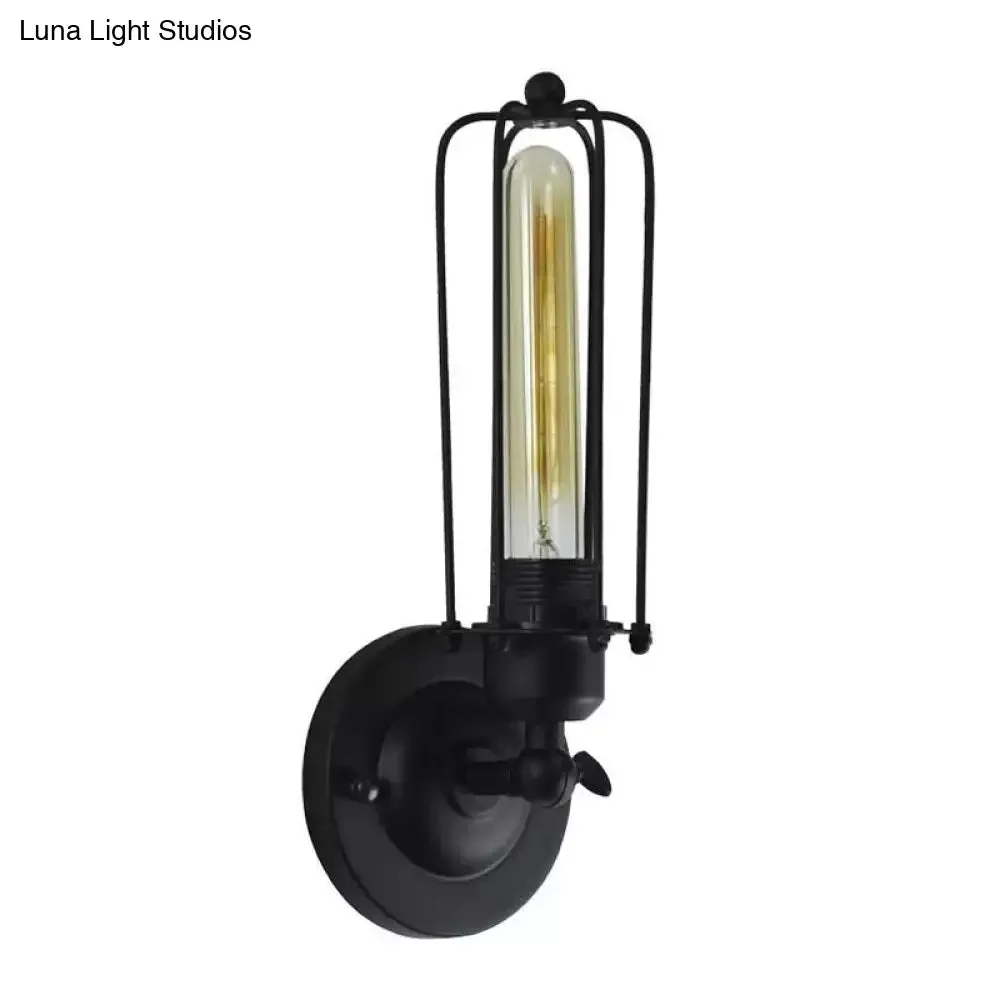 Industrial Bedroom Wall Lamp with 1/2-Head Rotatable Design, Tube Metal Cage, Black Finish