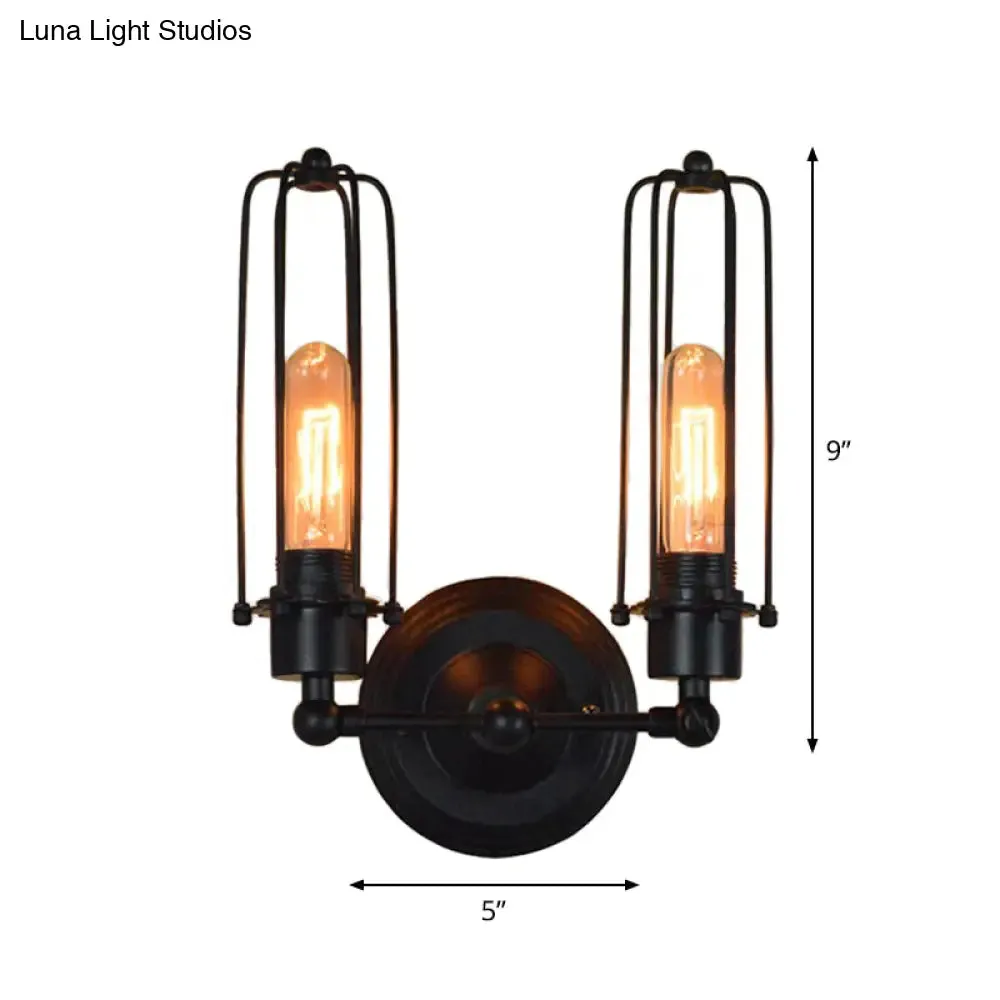 Industrial Bedroom Wall Lamp with 1/2-Head Rotatable Design, Tube Metal Cage, Black Finish