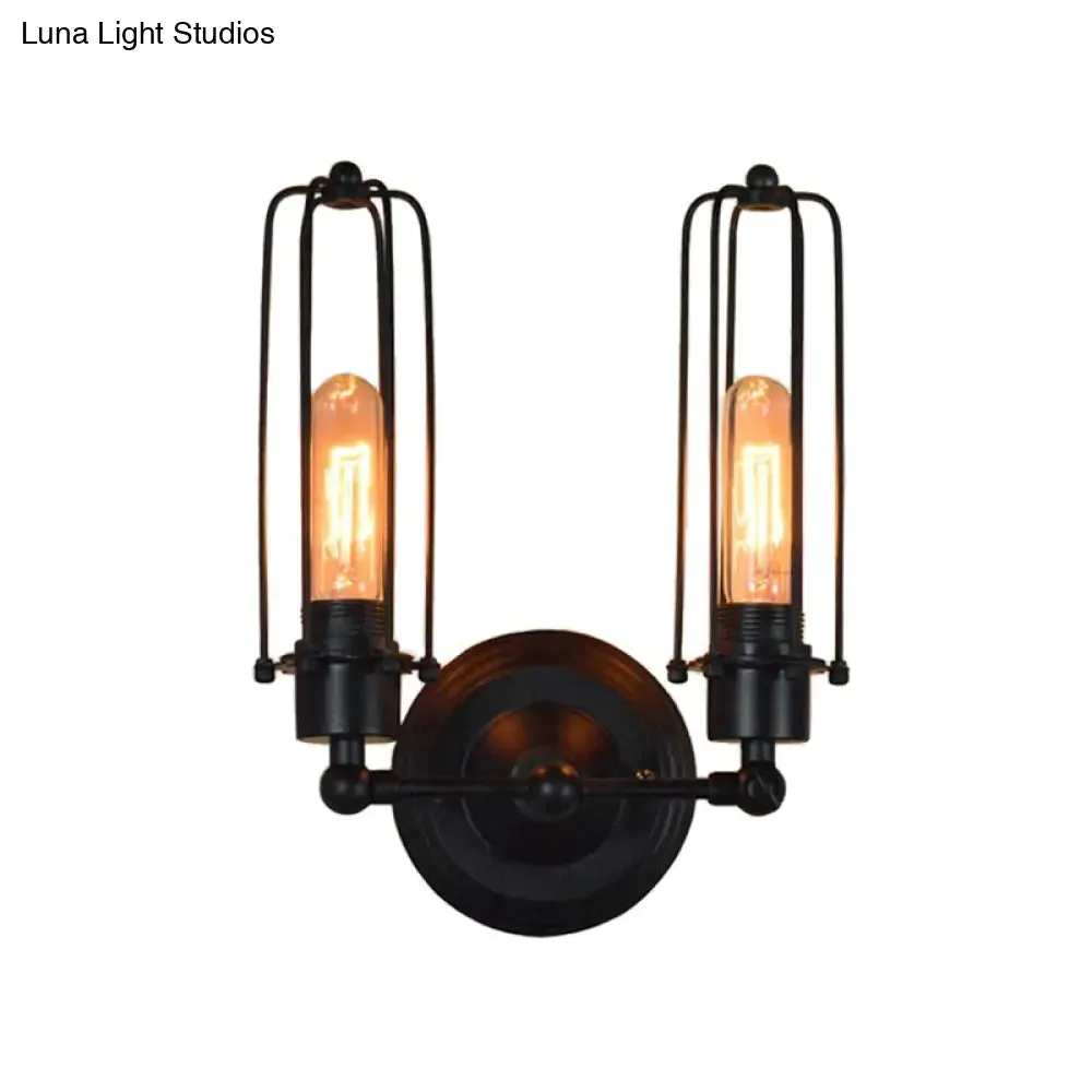 Industrial Bedroom Wall Lamp with 1/2-Head Rotatable Design, Tube Metal Cage, Black Finish