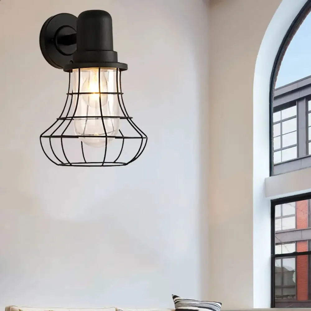 Industrial Black Metal Sconce Light with Clear Glass Shade for Porch - 1 Light Wire Frame Wall Lamp