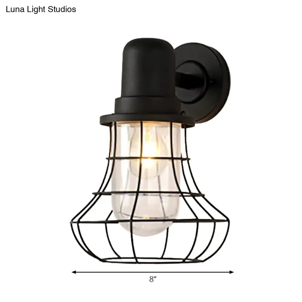 Industrial Black Metal Sconce Light with Clear Glass Shade for Porch - 1 Light Wire Frame Wall Lamp