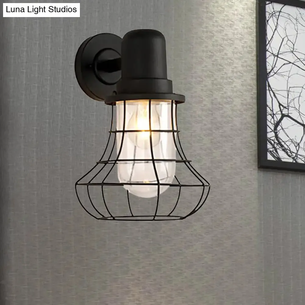 Industrial Black Metal Sconce Light with Clear Glass Shade for Porch - 1 Light Wire Frame Wall Lamp