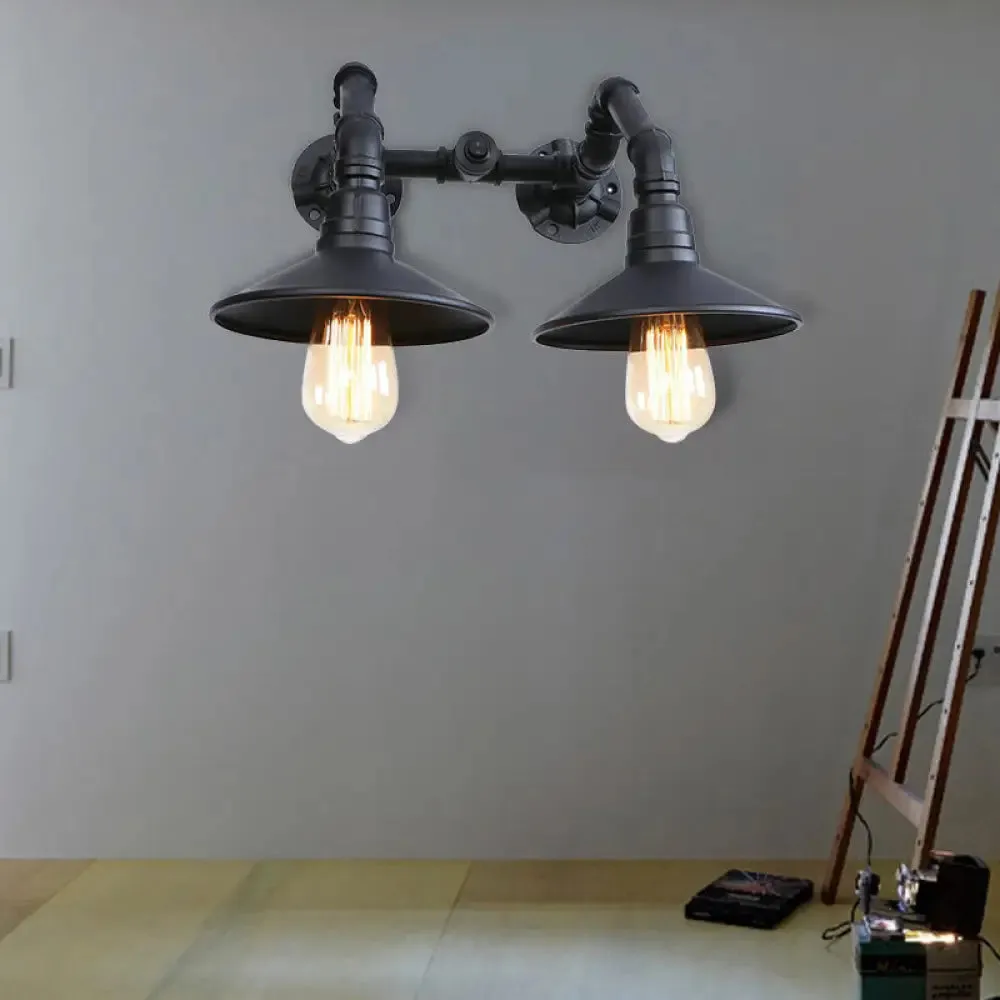 Industrial Black Saucer Wall Sconce - 2 Light Indoor Wall Mount with Water Pipe - Warehouse Style