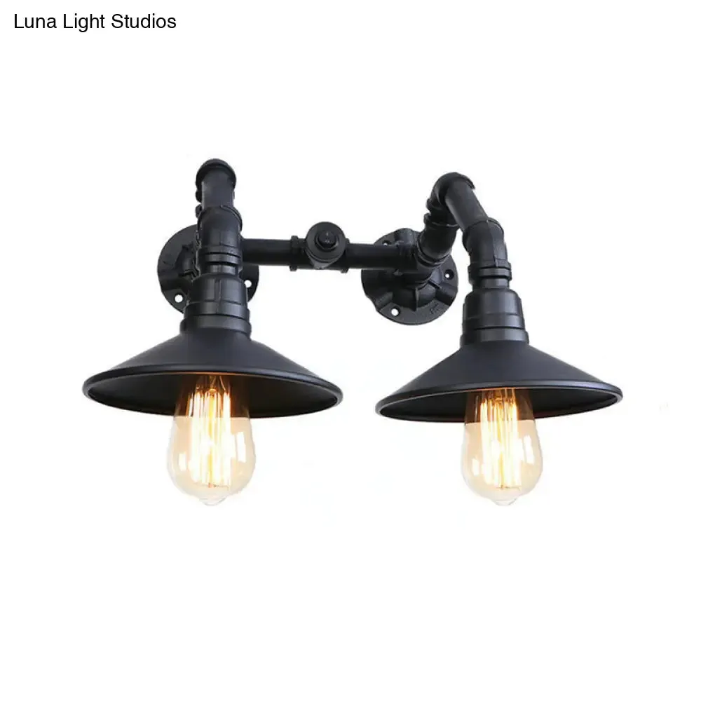 Industrial Black Saucer Wall Sconce - 2 Light Indoor Wall Mount with Water Pipe - Warehouse Style