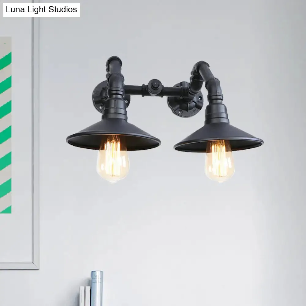 Industrial Black Saucer Wall Sconce - 2 Light Indoor Wall Mount with Water Pipe - Warehouse Style