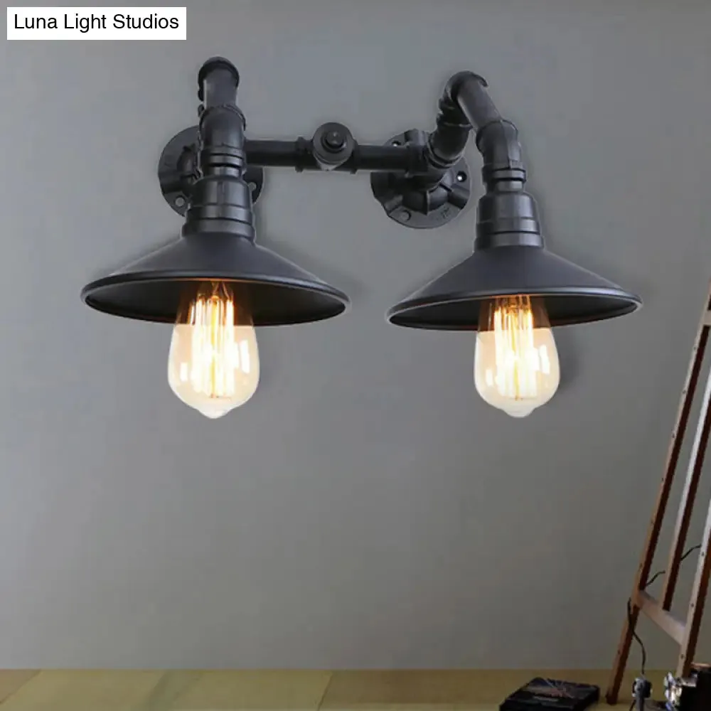 Industrial Black Saucer Wall Sconce - 2 Light Indoor Wall Mount with Water Pipe - Warehouse Style