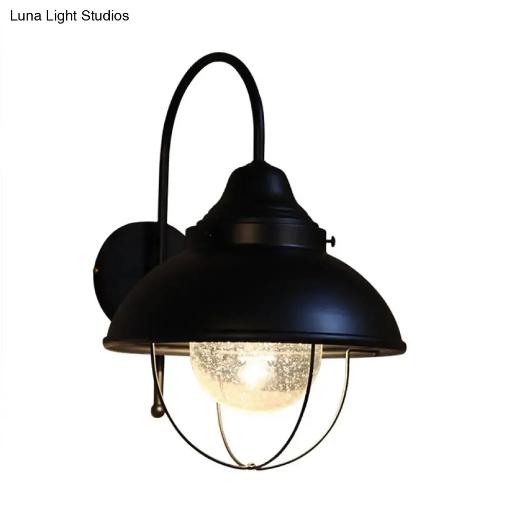 Industrial Cone Seeded Glass Wall Light in Black - Outdoor Sconce Lighting Fixture with Cage