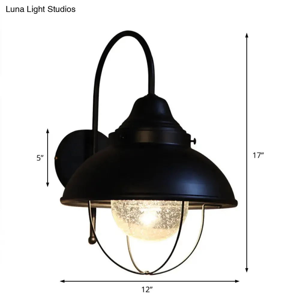 Industrial Cone Seeded Glass Wall Light in Black - Outdoor Sconce Lighting Fixture with Cage