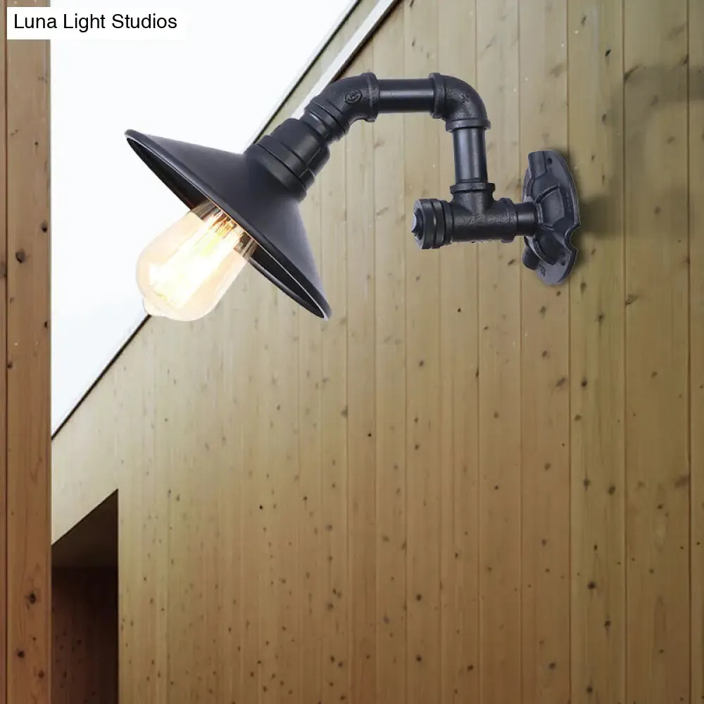 Industrial Metal Wall Light: Matte Black Piped Mount with Cone Shade for Corridor, 1 Head