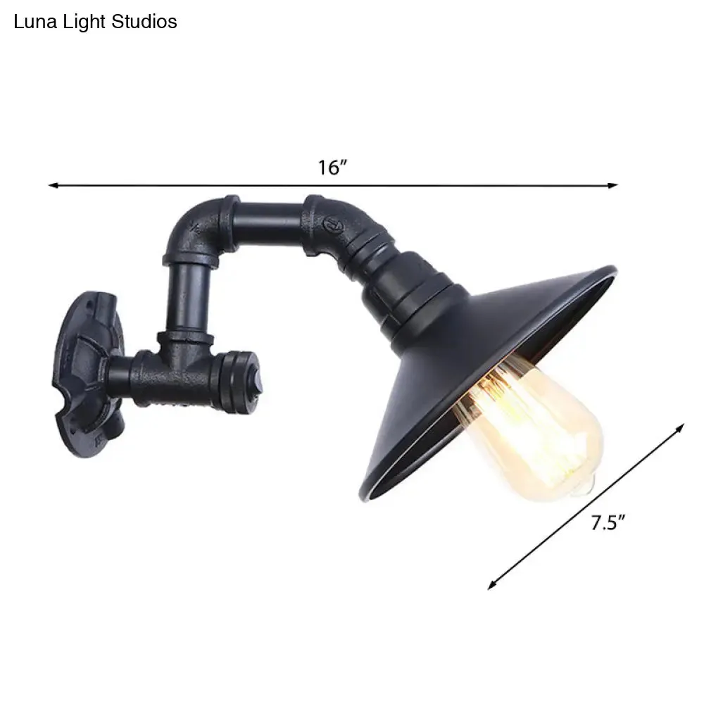 Industrial Metal Wall Light: Matte Black Piped Mount with Cone Shade for Corridor, 1 Head