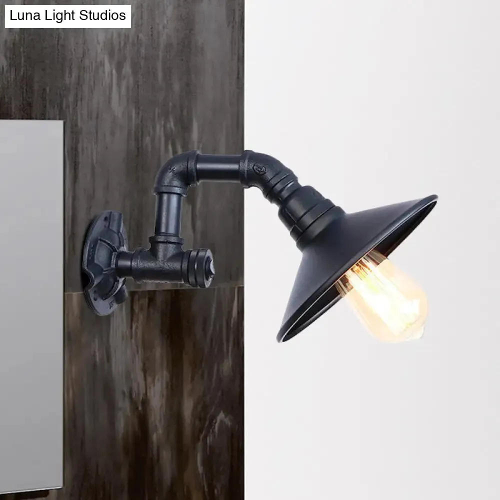 Industrial Metal Wall Light: Matte Black Piped Mount with Cone Shade for Corridor, 1 Head