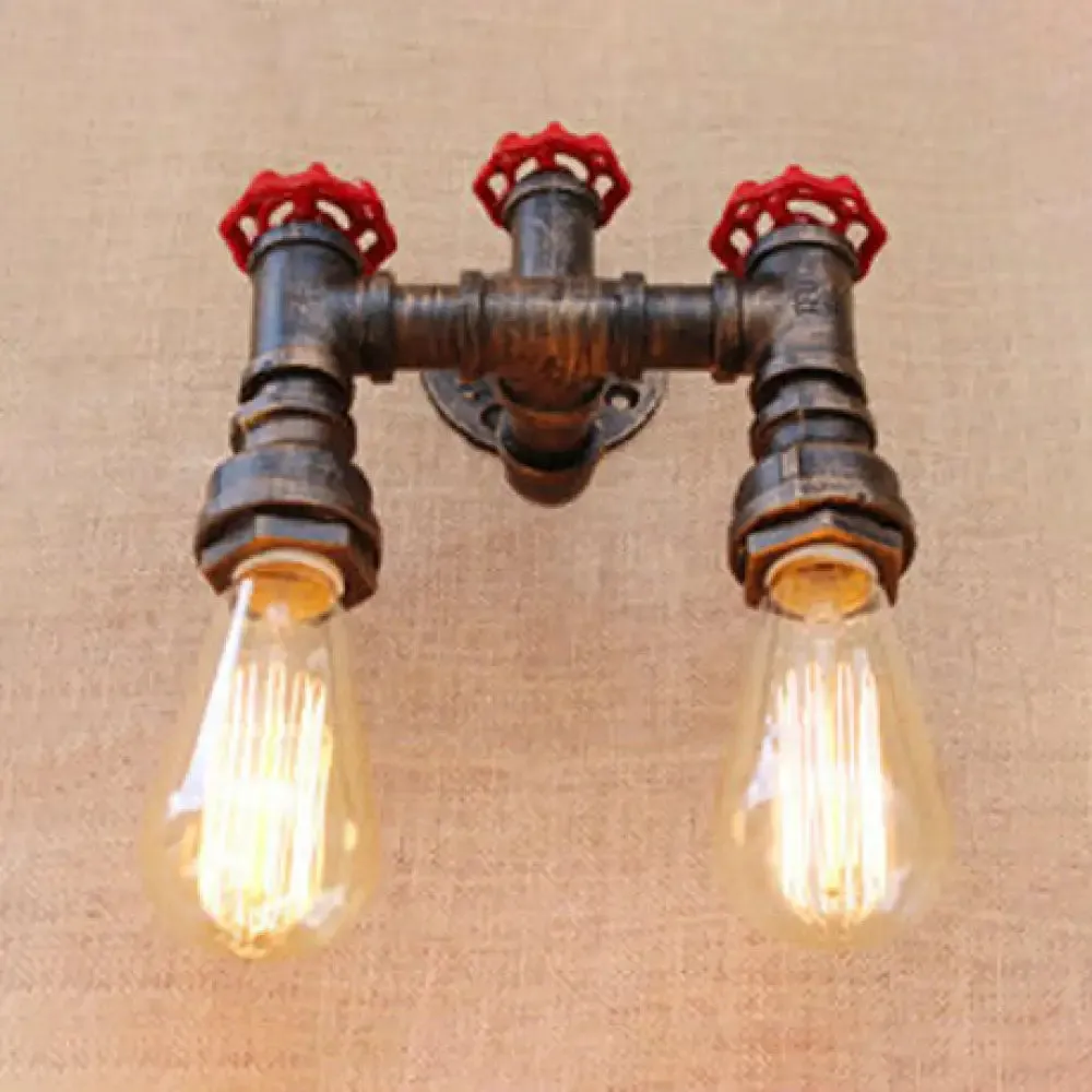 Industrial Pipe Wall Sconce Light with Valve Wheel - Antique Bronze Finish