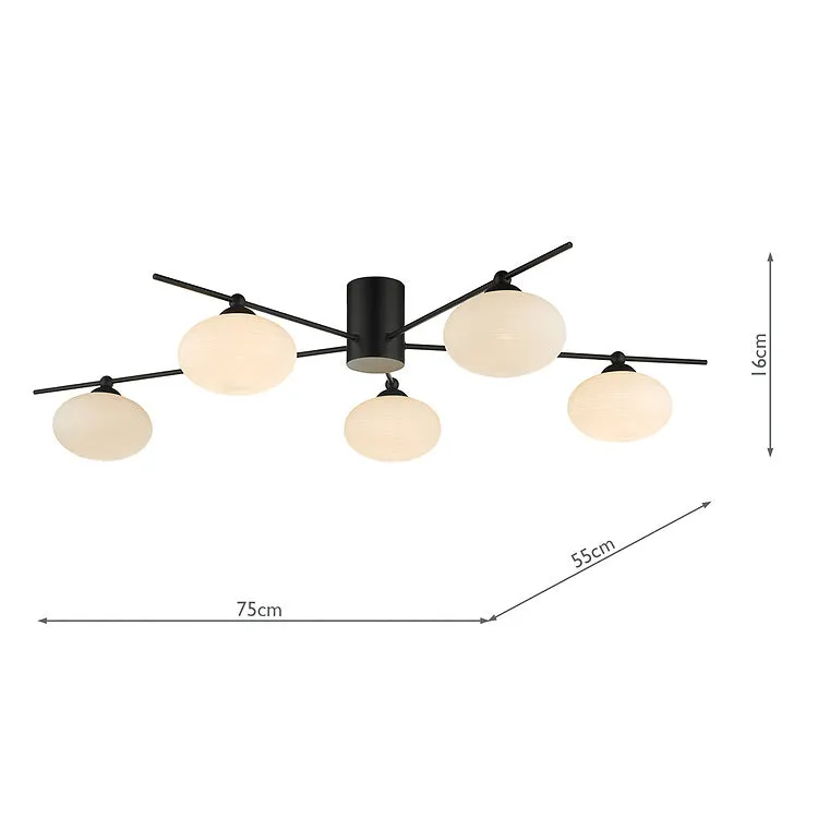 JAS Five Light Semi Flush Ceiling Light In Matt Black With Opal Glass - ID 11238