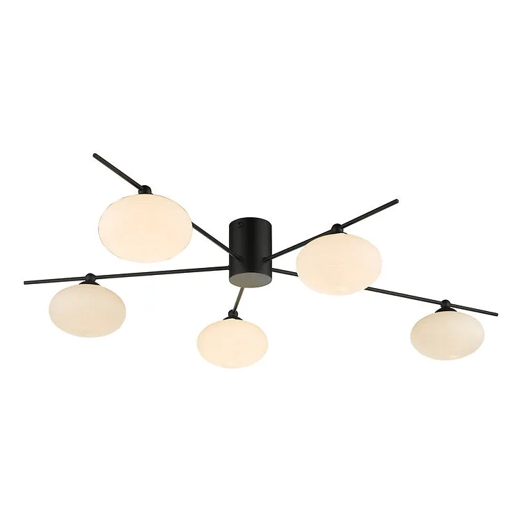 JAS Five Light Semi Flush Ceiling Light In Matt Black With Opal Glass - ID 11238