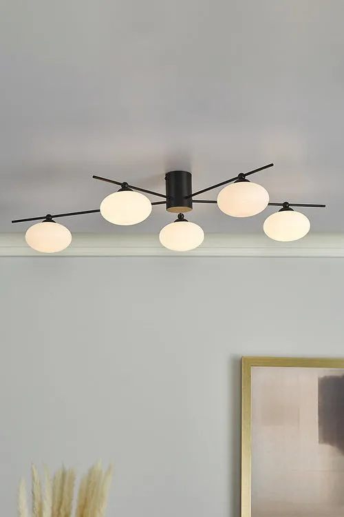 JAS Five Light Semi Flush Ceiling Light In Matt Black With Opal Glass - ID 11238