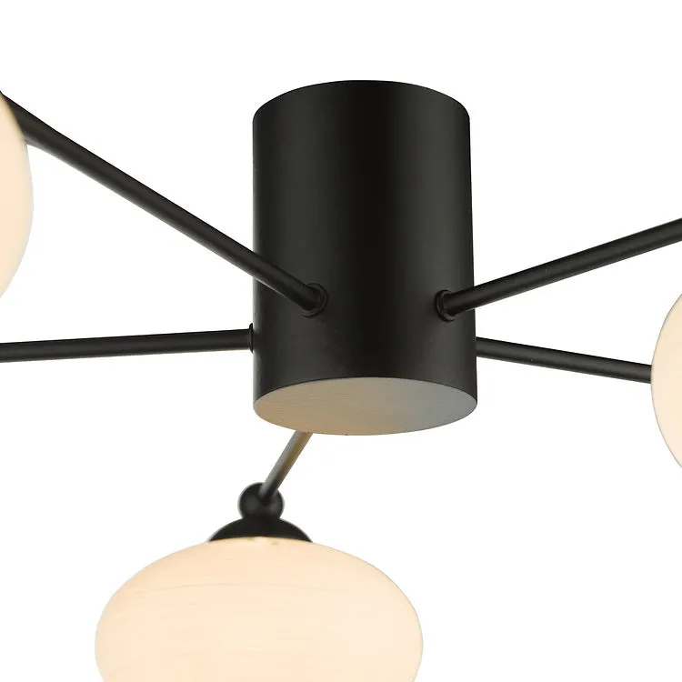 JAS Five Light Semi Flush Ceiling Light In Matt Black With Opal Glass - ID 11238