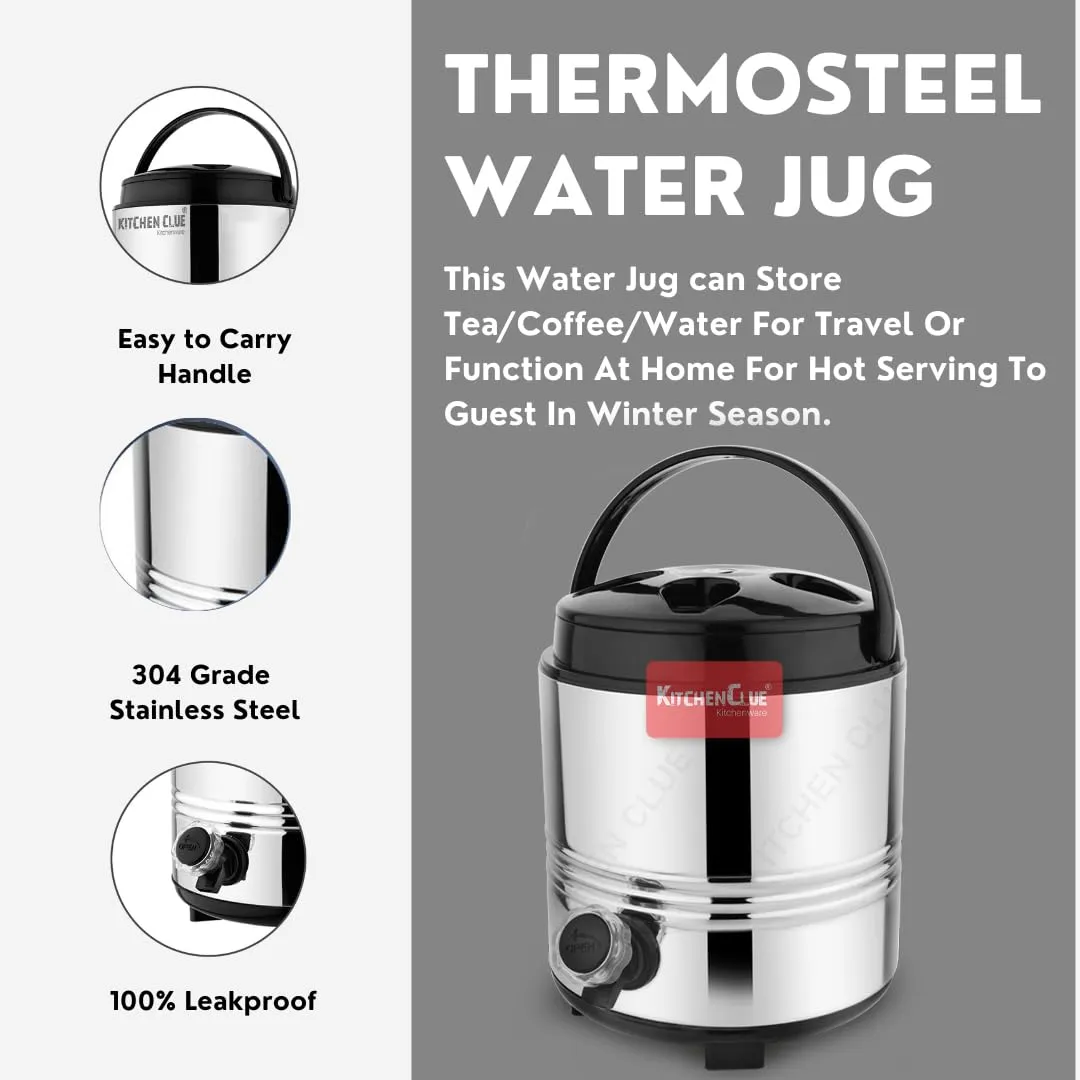 Kitchen Clue Insulated Hot Water/Tea Flask 5 Liter with Handle I Stainless Steel Inside & Outside I HOT & Cold PUF Insulated Thermosteel Water Camper I Leak-Proof Tap I Easy to Clean & Maintain