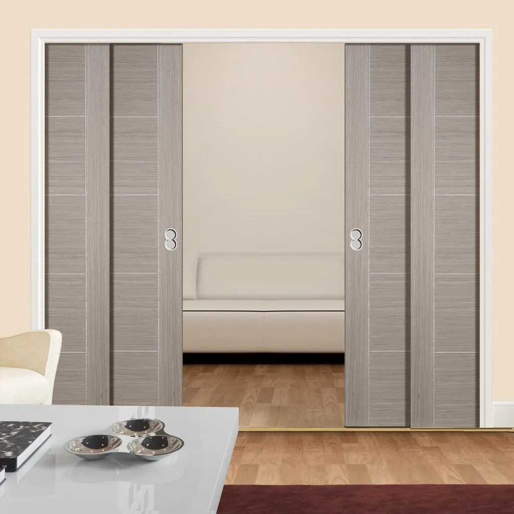 Light Grey Vancouver Staffetta Quad Telescopic Pocket Doors - Prefinished