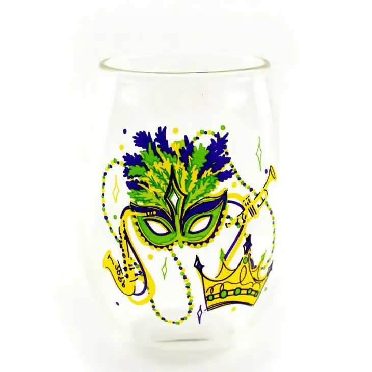 Mardi Gras Mask Stemless Wine Glass