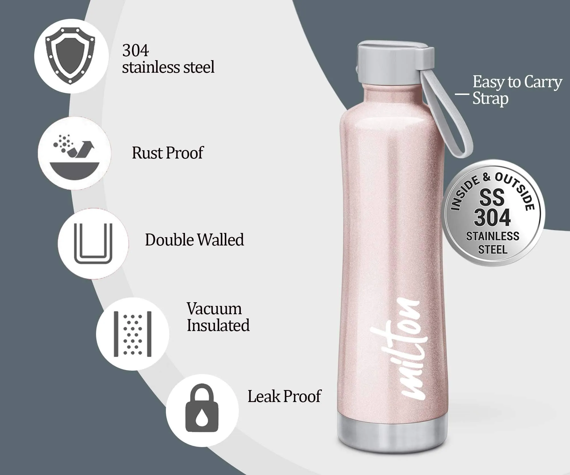 Milton New Tiara 600 Thermosteel 24 Hours Hot & Cold Water Bottle, 490 ml, Rose Gold