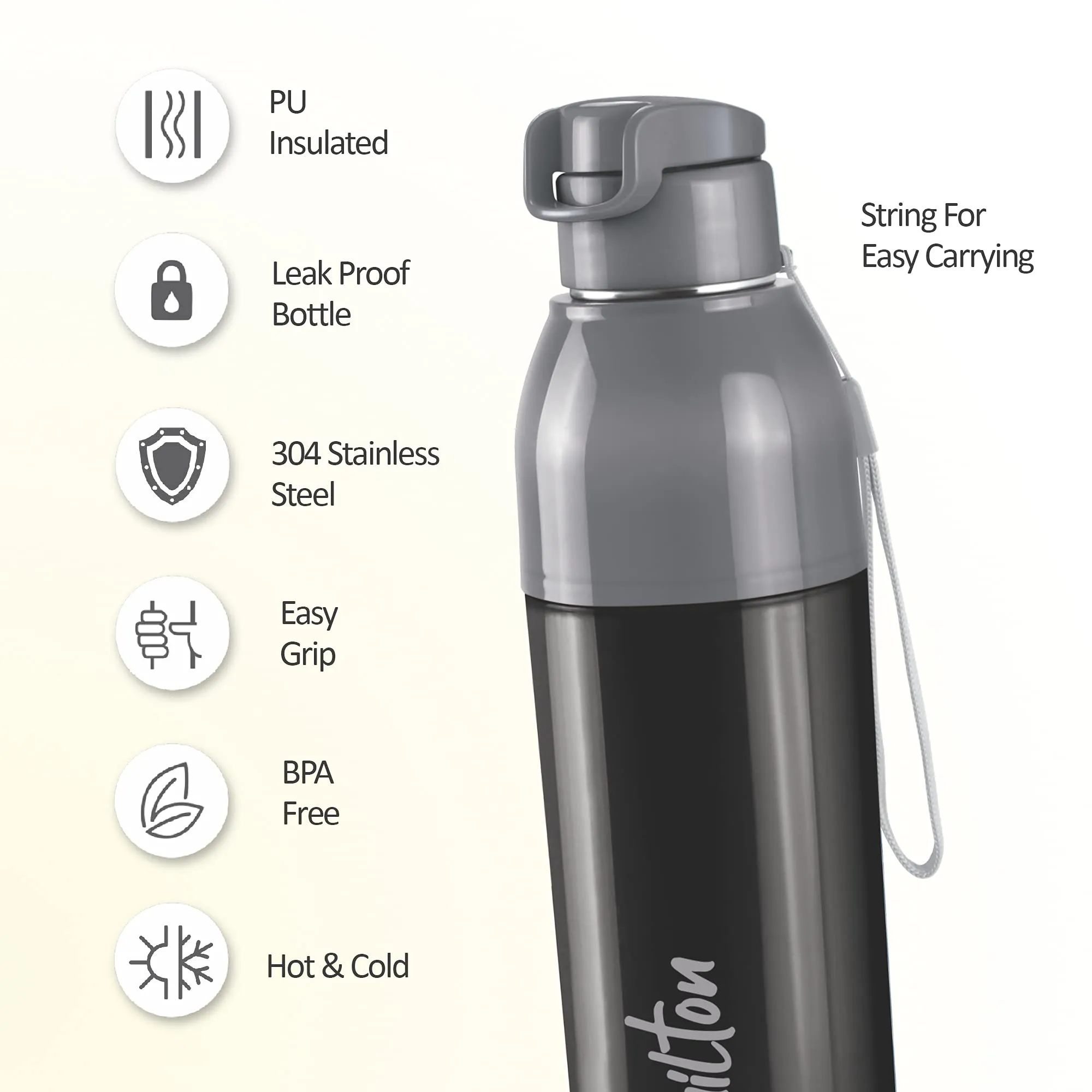 Milton Steel Convey 600/900 Insulated Inner Stainless Steel Water Bottle,Set of 2, 520 ml, 630 ml, Black | Leak Proof | BPA Free | Hot or Cold for Hours | Office | Gym | Hiking |Treking |Travel Bottle