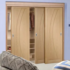 Minimalist Wardrobe Door & Frame Kit - Three Salerno Oak Flush Doors - Unfinished