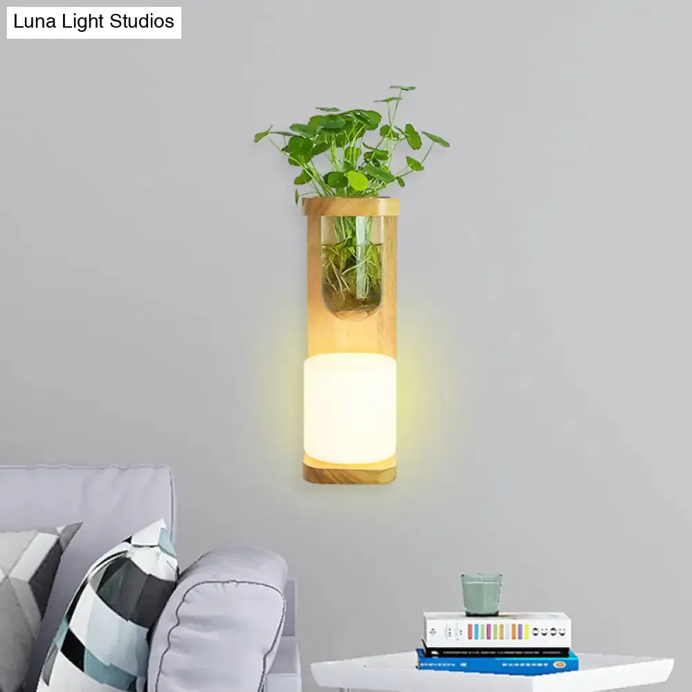 Nordic Wood Wall Sconce with Opal Glass Cylinder - 1-Head Light Fixture featuring Clear Glass Plant Cup