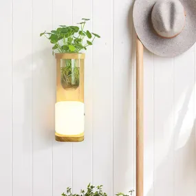 Nordic Wood Wall Sconce with Opal Glass Cylinder - 1-Head Light Fixture featuring Clear Glass Plant Cup