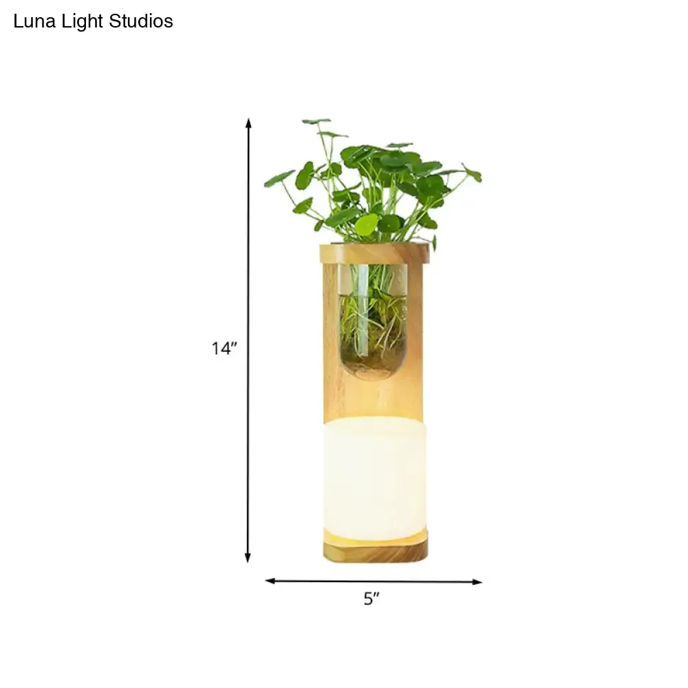 Nordic Wood Wall Sconce with Opal Glass Cylinder - 1-Head Light Fixture featuring Clear Glass Plant Cup