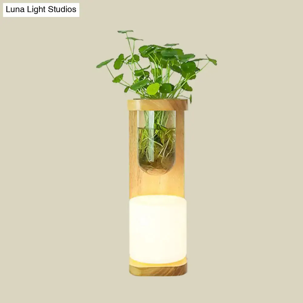 Nordic Wood Wall Sconce with Opal Glass Cylinder - 1-Head Light Fixture featuring Clear Glass Plant Cup