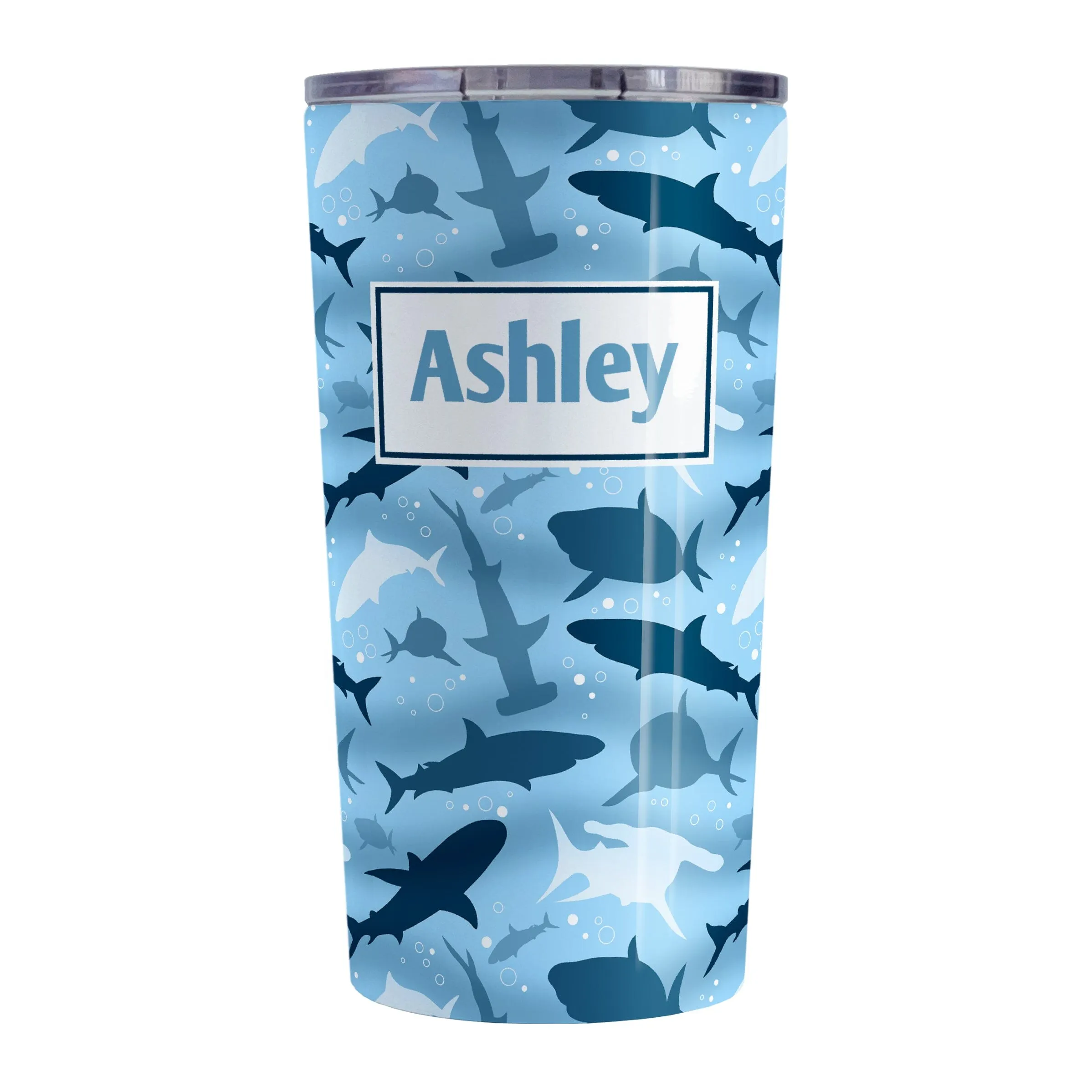 Personalized Blue Frenzy Sharks Tumbler Cup