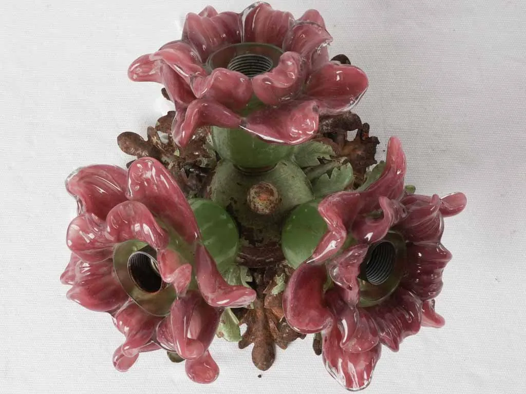 Pink glass flower ceiling light w/ 3 fittings - flush mount 11"