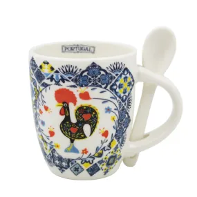 Portuguese Rooster & Azulejo - Ceramic Espresso Cup with Spoon Set