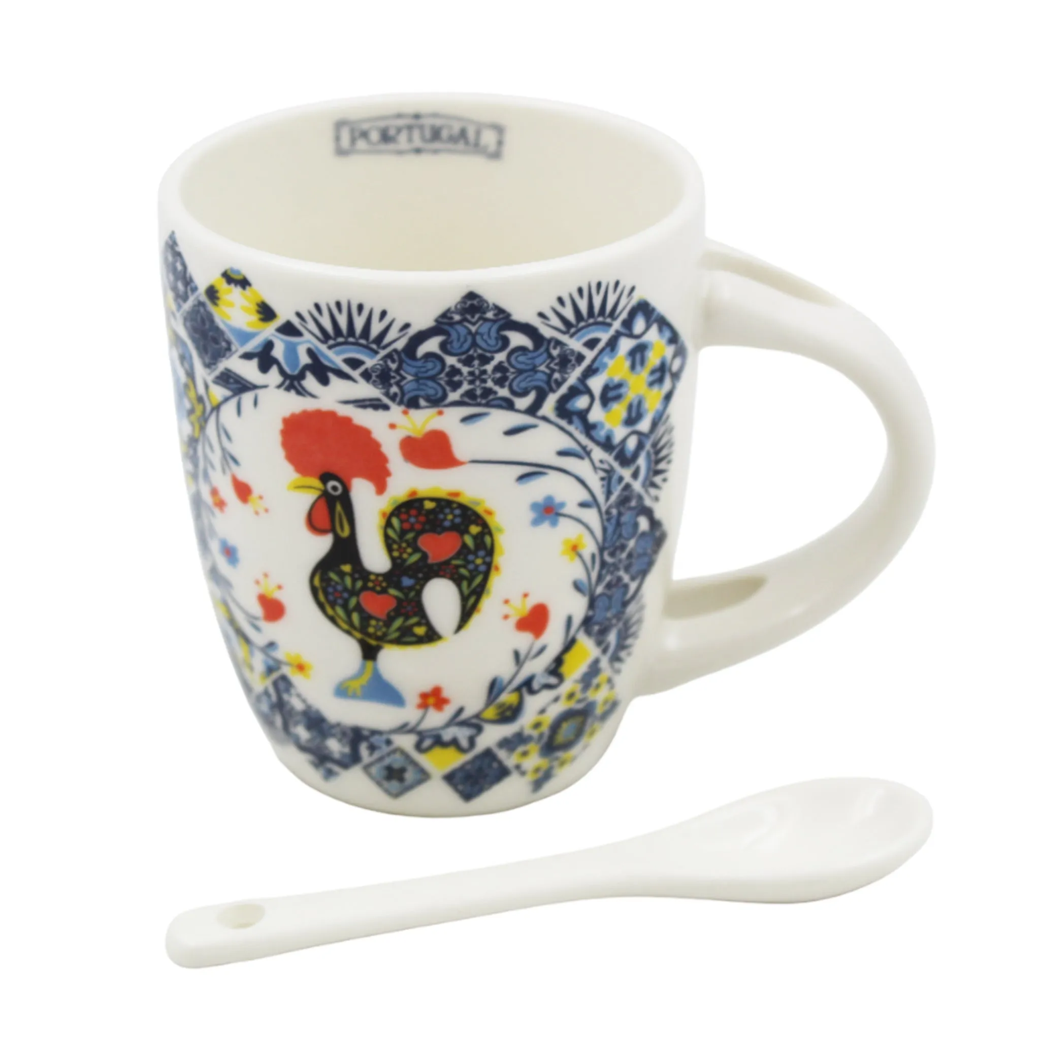 Portuguese Rooster & Azulejo - Ceramic Espresso Cup with Spoon Set