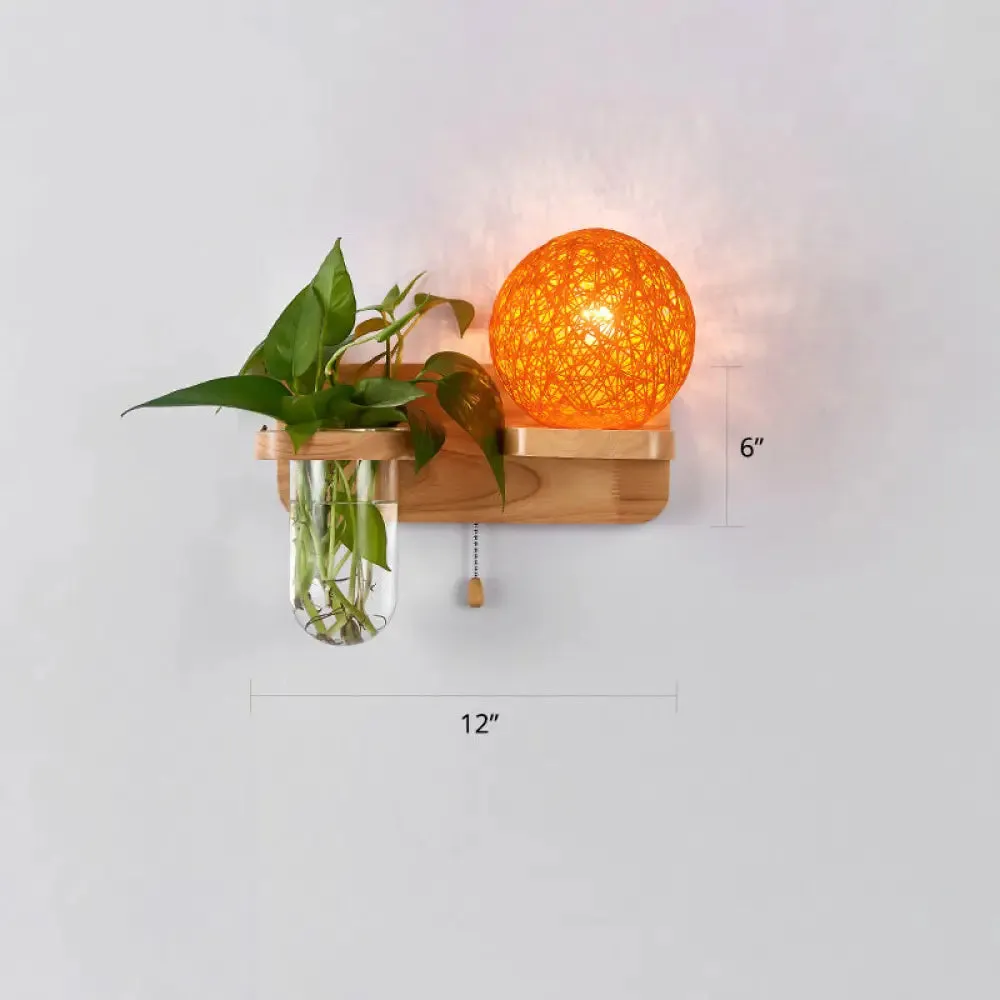 Rattan Wall Sconce with Nordic Ball Design, Pull Chain, and Plant Pot - Living Room Lighting