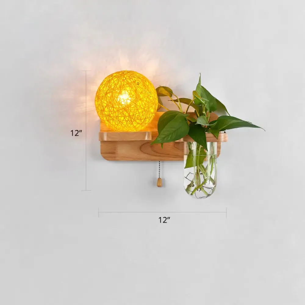 Rattan Wall Sconce with Nordic Ball Design, Pull Chain, and Plant Pot - Living Room Lighting