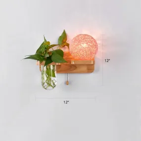 Rattan Wall Sconce with Nordic Ball Design, Pull Chain, and Plant Pot - Living Room Lighting