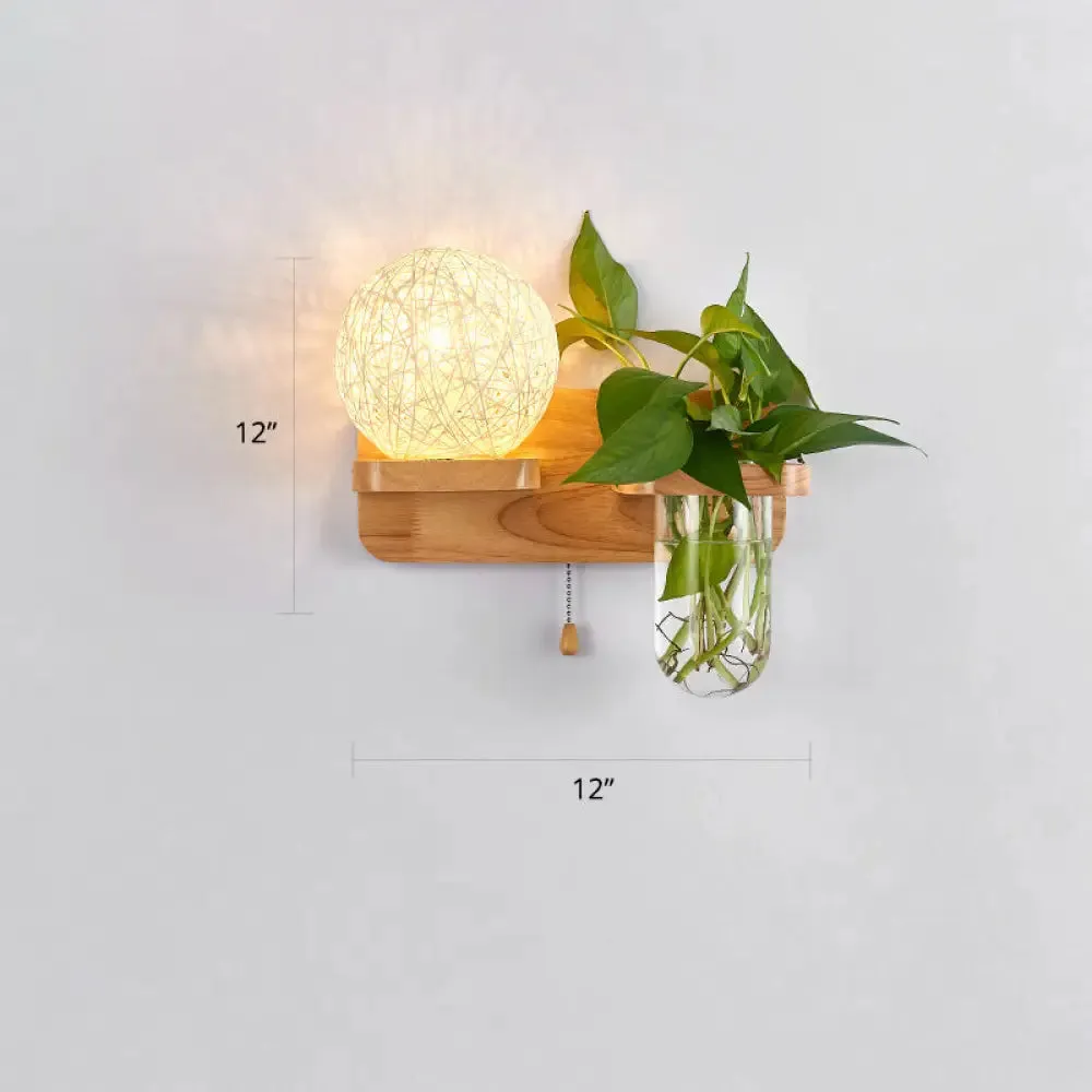 Rattan Wall Sconce with Nordic Ball Design, Pull Chain, and Plant Pot - Living Room Lighting