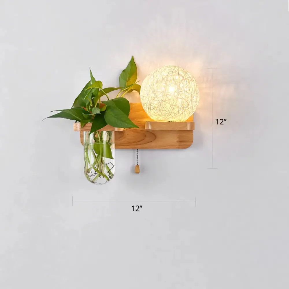 Rattan Wall Sconce with Nordic Ball Design, Pull Chain, and Plant Pot - Living Room Lighting