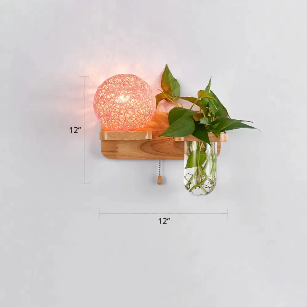 Rattan Wall Sconce with Nordic Ball Design, Pull Chain, and Plant Pot - Living Room Lighting