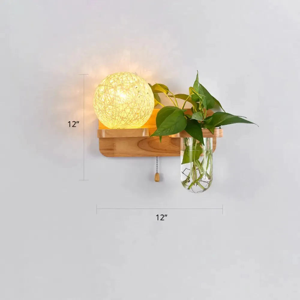 Rattan Wall Sconce with Nordic Ball Design, Pull Chain, and Plant Pot - Living Room Lighting