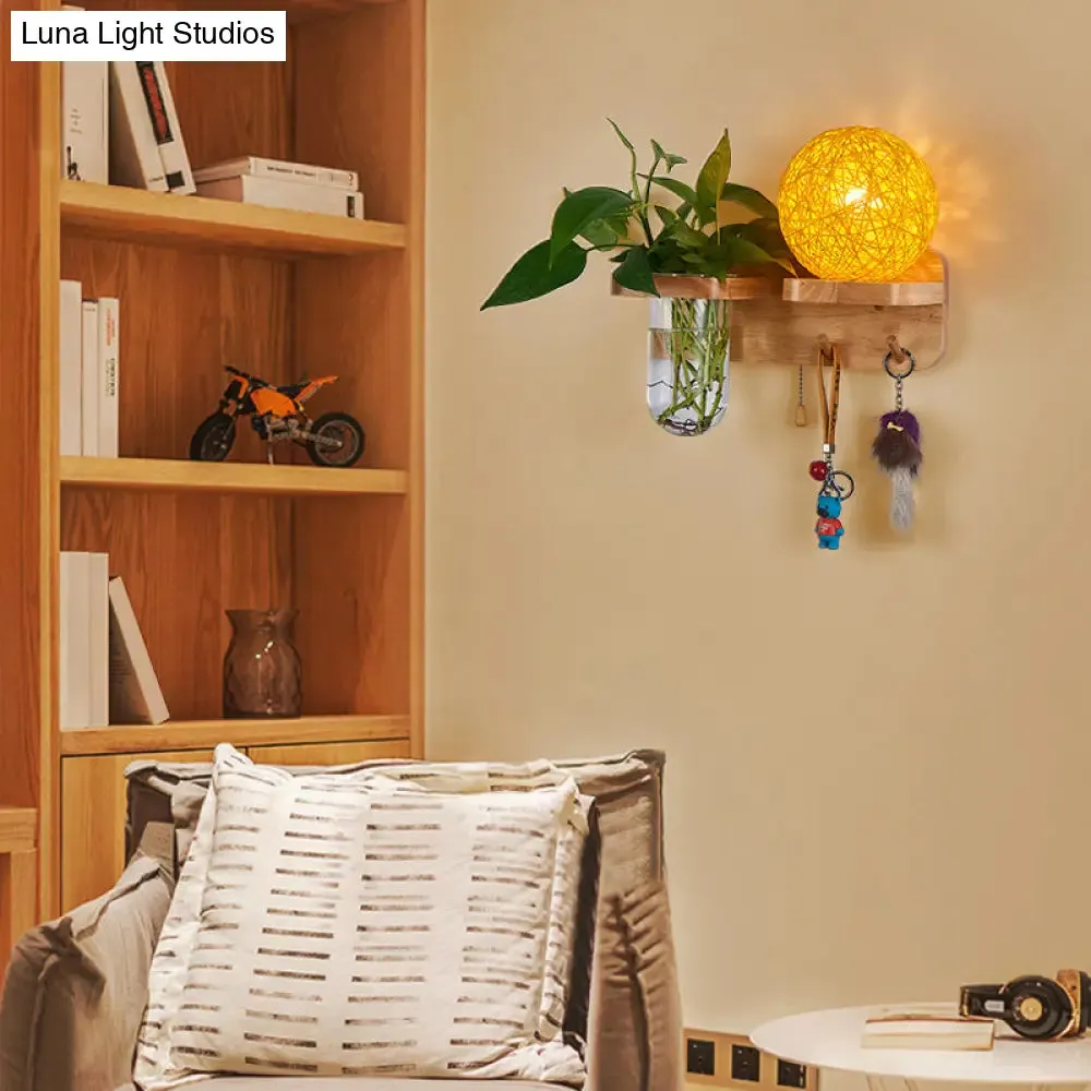 Rattan Wall Sconce with Nordic Ball Design, Pull Chain, and Plant Pot - Living Room Lighting