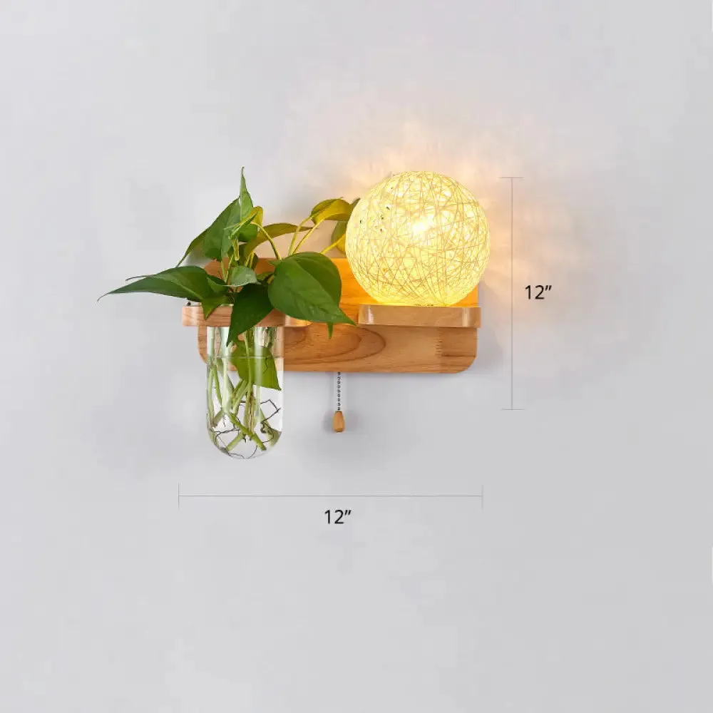 Rattan Wall Sconce with Nordic Ball Design, Pull Chain, and Plant Pot - Living Room Lighting