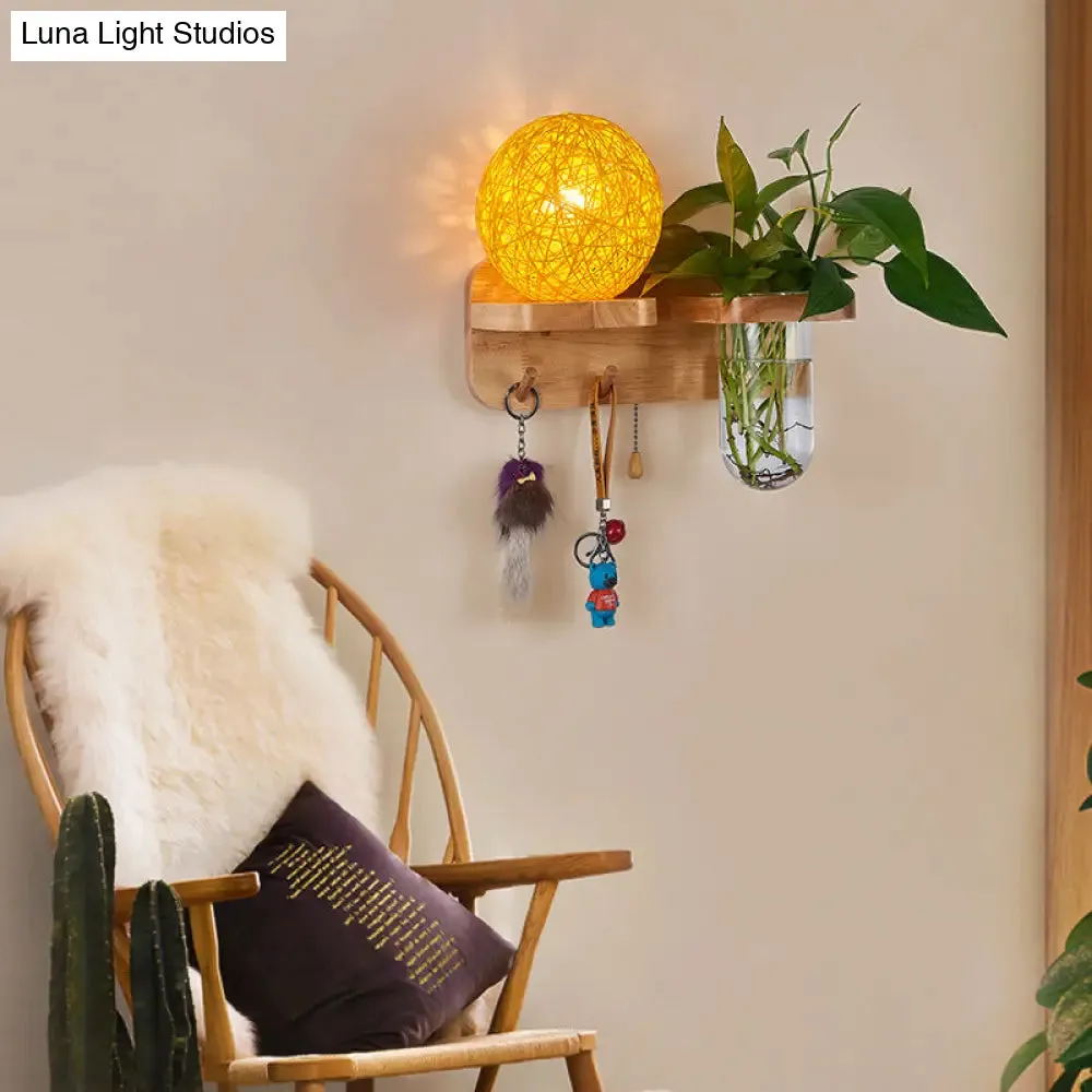 Rattan Wall Sconce with Nordic Ball Design, Pull Chain, and Plant Pot - Living Room Lighting