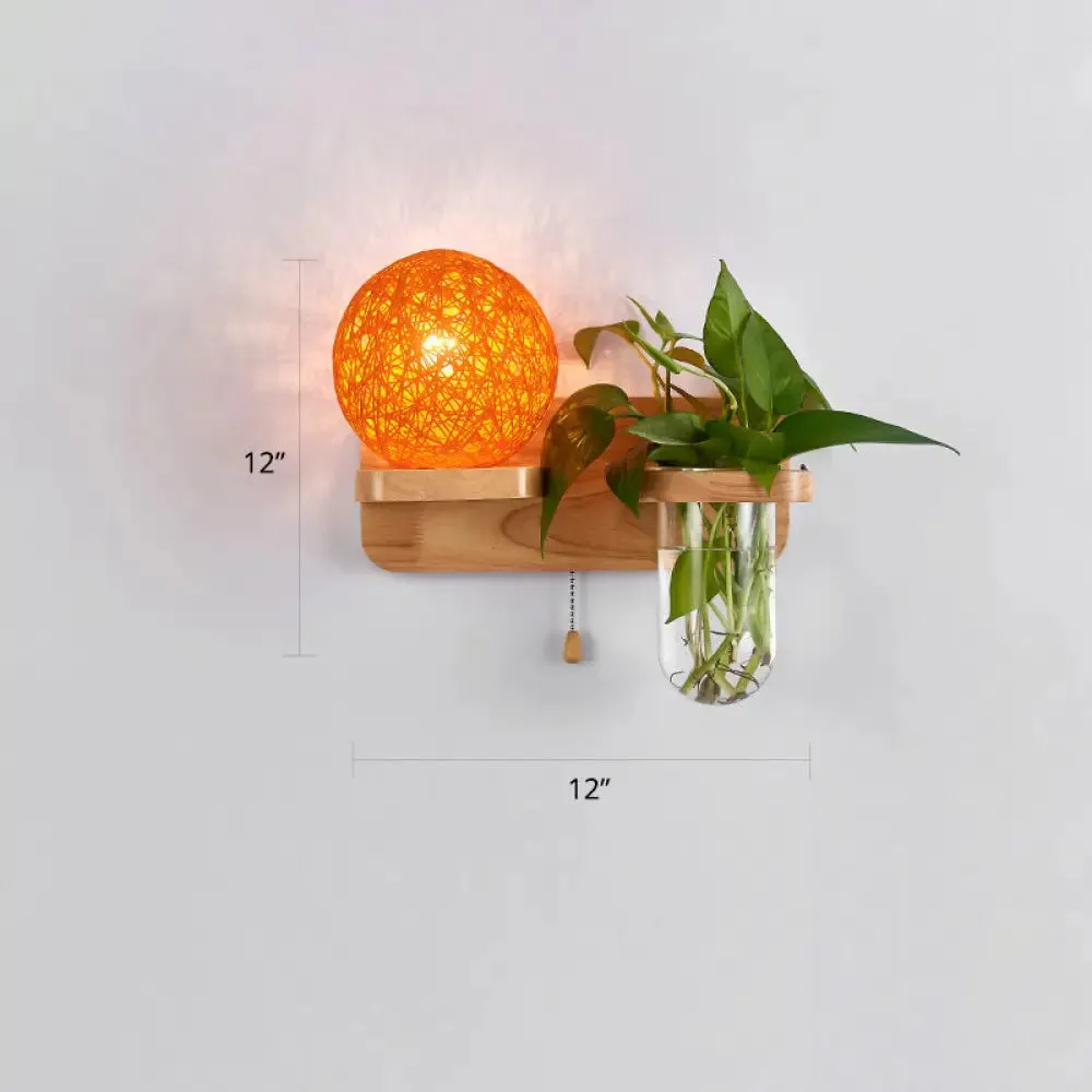 Rattan Wall Sconce with Nordic Ball Design, Pull Chain, and Plant Pot - Living Room Lighting