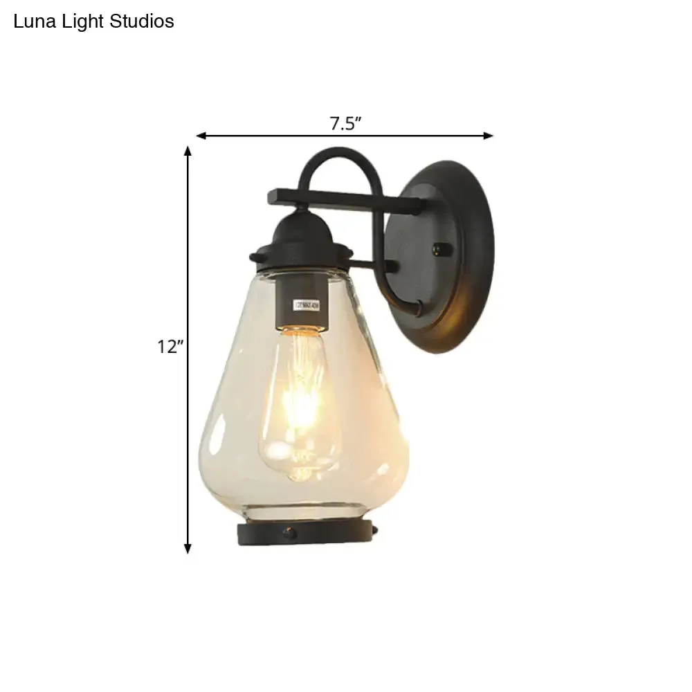 Rustic Cone Wall Mount Lighting - 1-Light Transparent Glass Wall Lamp in Black