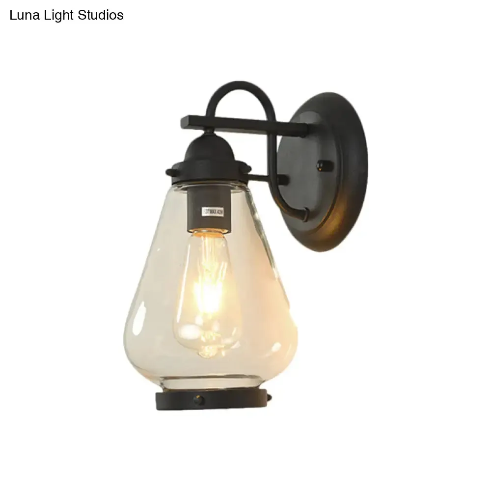 Rustic Cone Wall Mount Lighting - 1-Light Transparent Glass Wall Lamp in Black